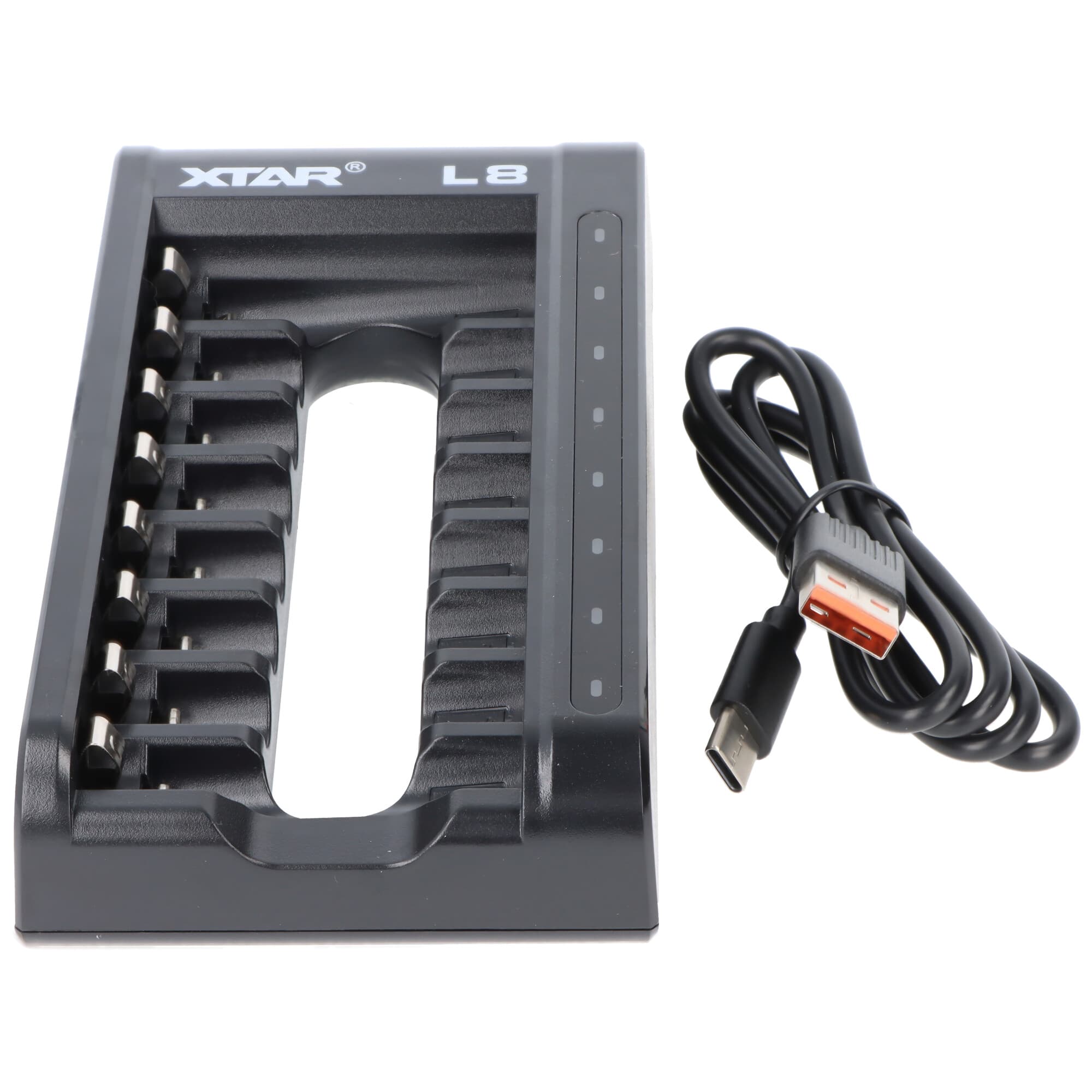 Chargeur rapide L8 pour piles 1,5 V Li-ion et 1,2 V NiMH AA, AAA, avec 8 emplacements de chargement, avec 8 piles AA 1,5 V, sans alimentation