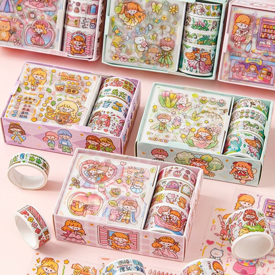 Ensemble De 4 Boîtes/cassettes Adhésives Mignonnes Et De Boîte-cadeau Pour Le Journalisme, Collection Fraîche D'autocollants De Dessin Animé